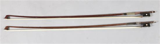 Two violin bows, one silver and the other gold mounted, unstamped,
